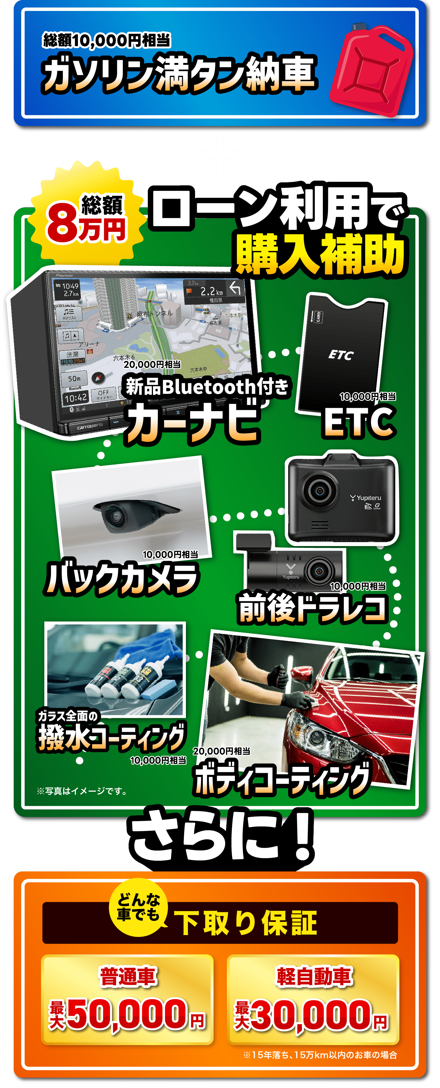 ガソリン満タン納車 カーナビ、ETC、バックカメラ、前後ドラレコ、撥水コーティング、ボディコーティングさらに下取り保証！